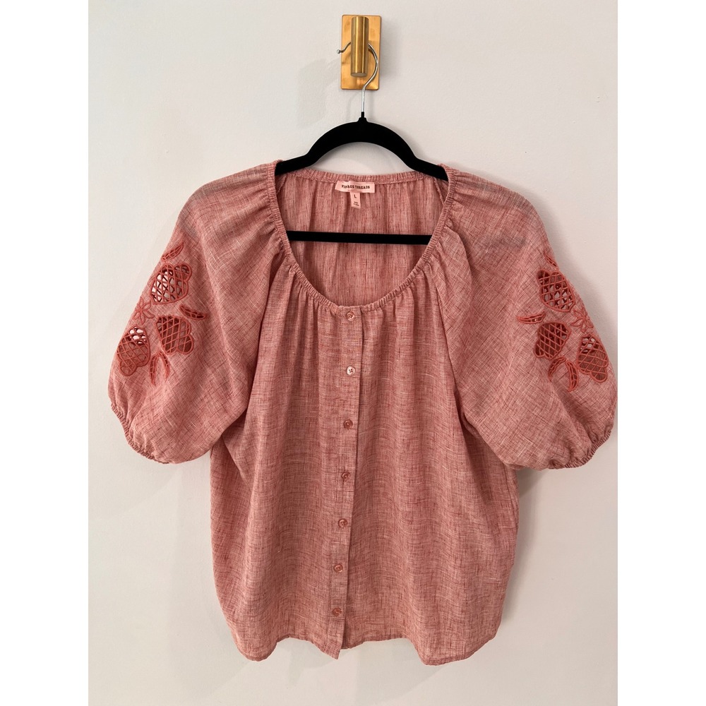 Vintage Threads Dusty Rose Puff Sleeve Embroidered Top Cottagecore- Large